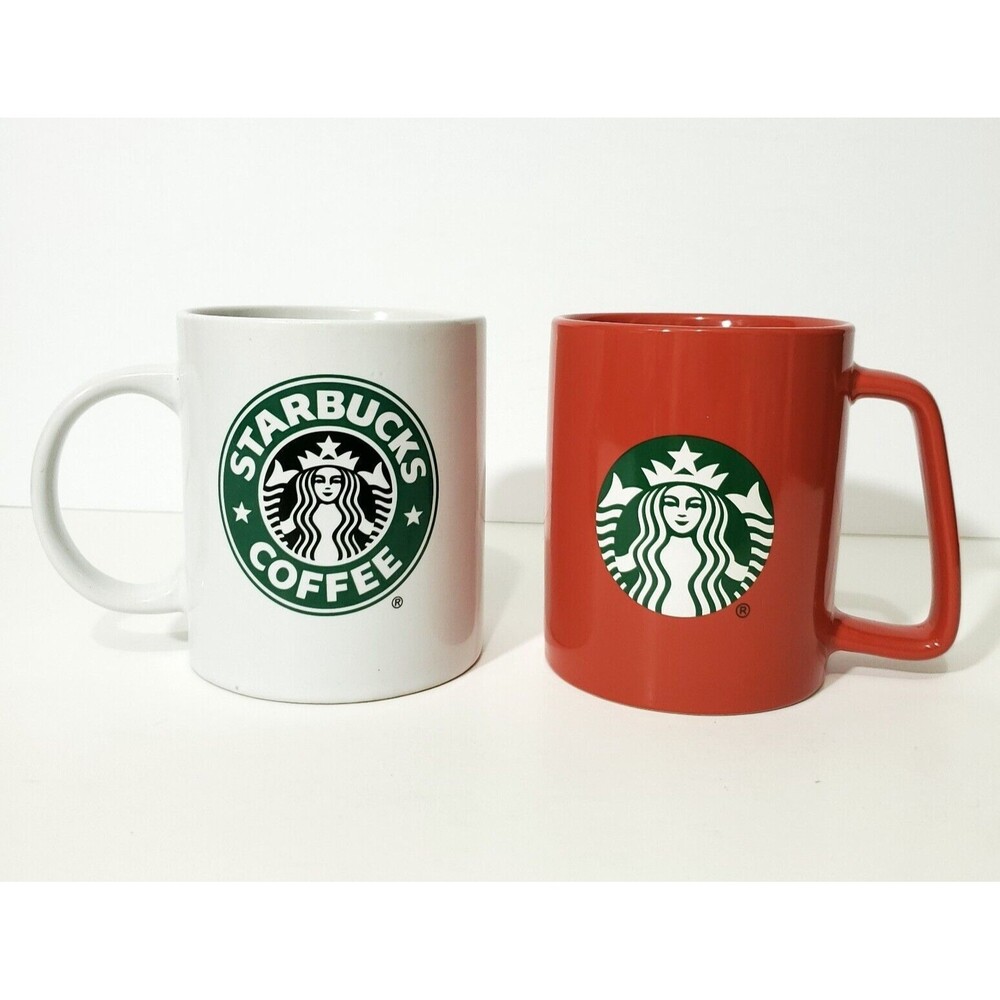 2 Starbucks Coffee Mugs 2020 Red Square Handle 11oz 2008 White Classic Siren